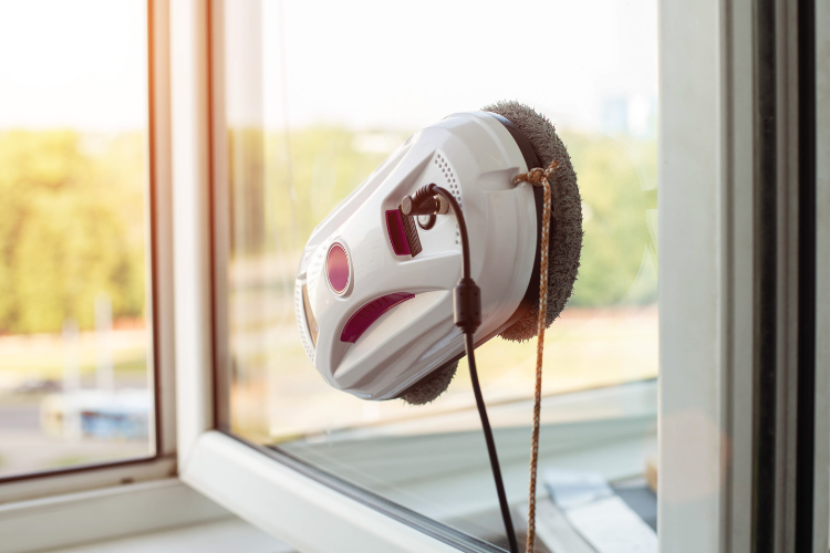 A white window cleaning robot