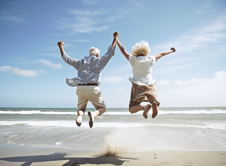 A two elderly jumping in happiness as a sign of fitness